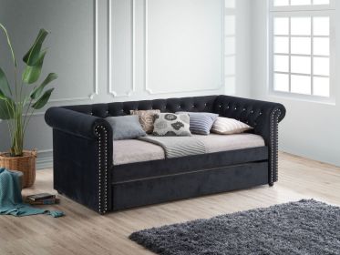 Luxurious 1pc Modern Aesthetic Beautifully Button Tufted Nailhead Trim Design Daybed Built-in pull-out Trundle Bed Living Space Guest Room Bedroo