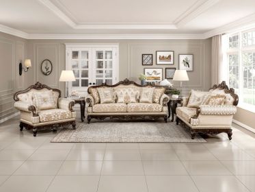 Formal Traditional Luxury Sofa Set 3pc Sofa Loveseat Chair Cherry Finish with Gold Tipping Solid Wood Living Room Furniture