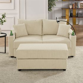 Modern Sofa Chair with Storage, with Ottoman, Deep Seat Sofa with Cup Holders & Phone Holder Charging Ports, Beige Corduroy Couch for Living Room