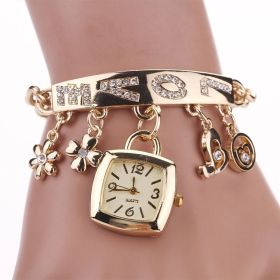 Women's Bracelet Watch LOVE Alphabet Alloy Quartz Watch Flower Decor Square Dress Watch Ladies Exquisite Casual Watch (Color: golden)