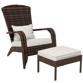Outsunny Patio Wicker Adirondack Chair with Ottoman, Outdoor Fire Pit Chair with Cushions, High-Back, Large Seat & Armrests for Deck (Color: as Pic)